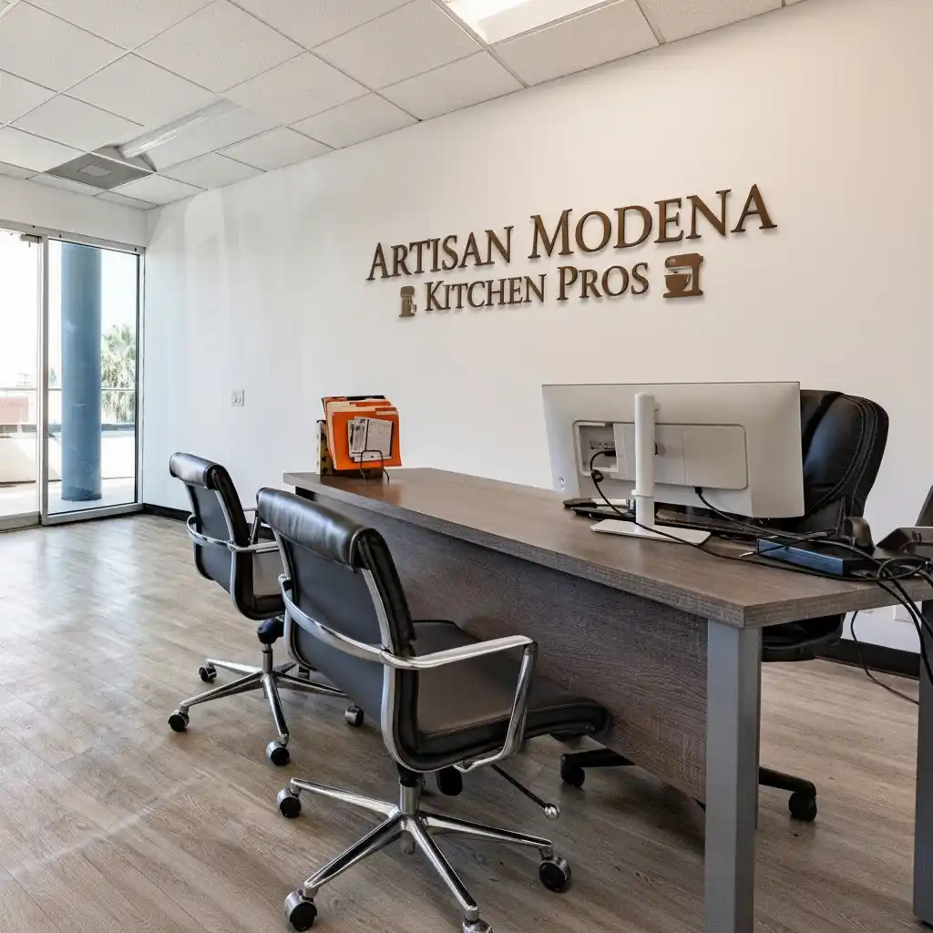 Artisan Modena Kitchen Pros office interior with company logo on wall